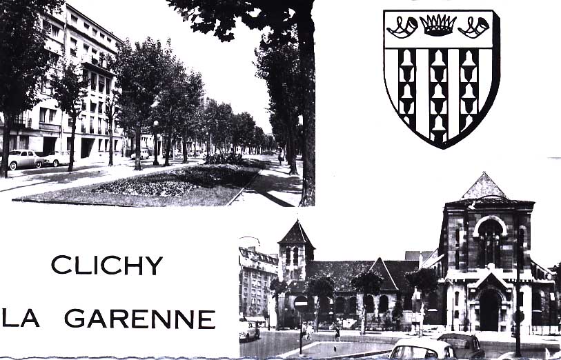 Cpsm Clichy La Garenne (92, Hauts De Seine) Multivues : Allée Gambetta Et Eglise (avec Voitures). Blason - Clichy
