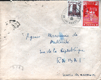 Maroc Morocco Marruecos Lettre Cover Carta Sobre Meknes Ville Nouvelle 01.06.1946 ( Affrt Tour Hassan ). - Brieven En Documenten