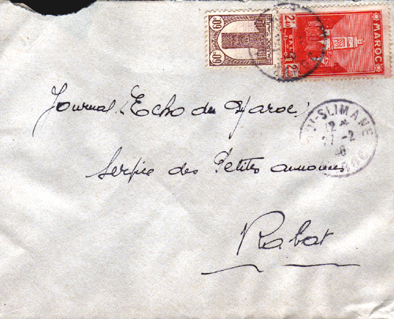 Maroc Morocco Marruecos Lettre Cover Carta Sobre Sidi Slimane 27.02.1946 ( Affrt Tour Hassan ). - Brieven En Documenten