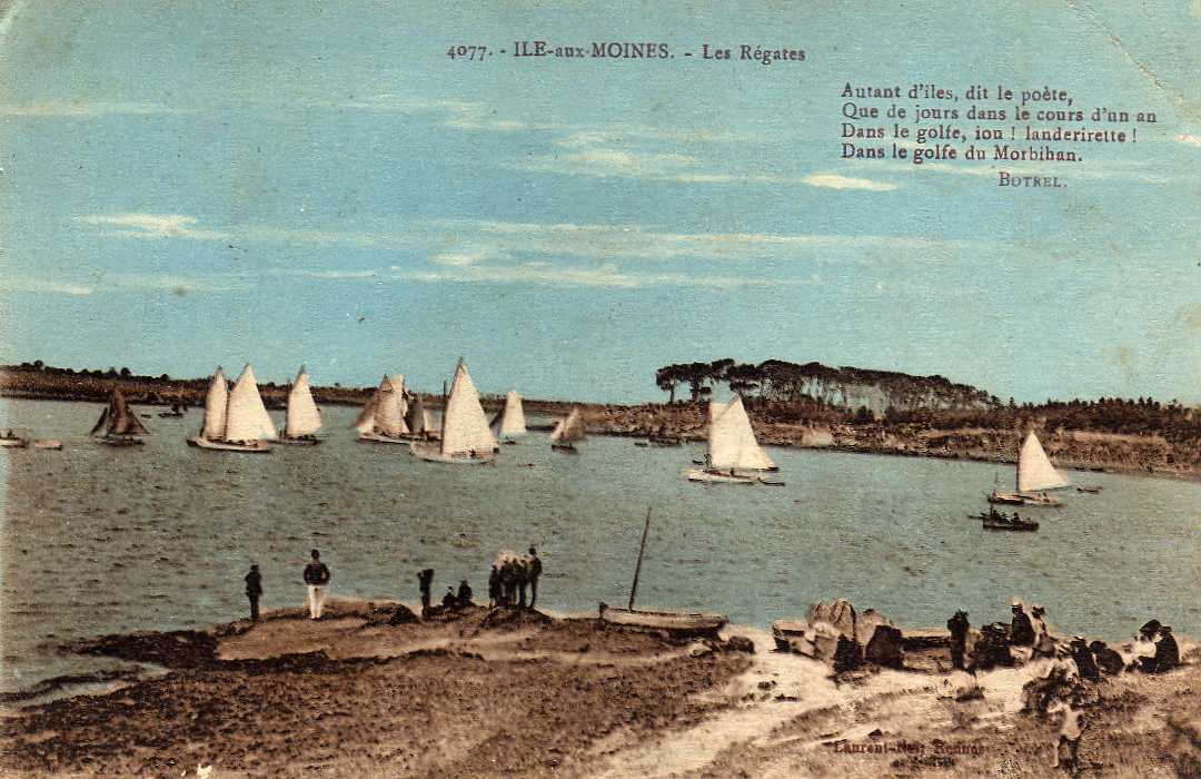 56 ILE AUX MOINES Les Régates, Voiliers, Poeme De Botrel, Colorisée, Ed L Ney 4077, 1924 - Ile Aux Moines