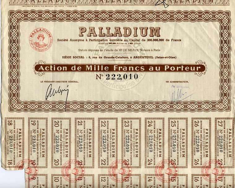 Action De Mille Francs N°222.010. SA PALLADIUM à Argenteuil, Pneu,automobiles Avec 19 Coupons Attenants - Automobile