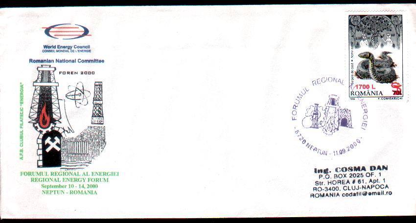 Romania 2000  Rare Cover With REGIONAL ENERGY FORUM,World Energy Council. - Electricité