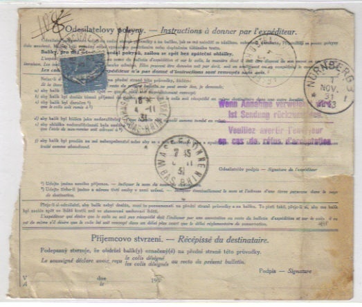 Bulletin Expédition Colis Postal De Tchecosolovaquie Pour Wasselonne 1931 Taxe De Dédouanement Au Verso - Andere & Zonder Classificatie