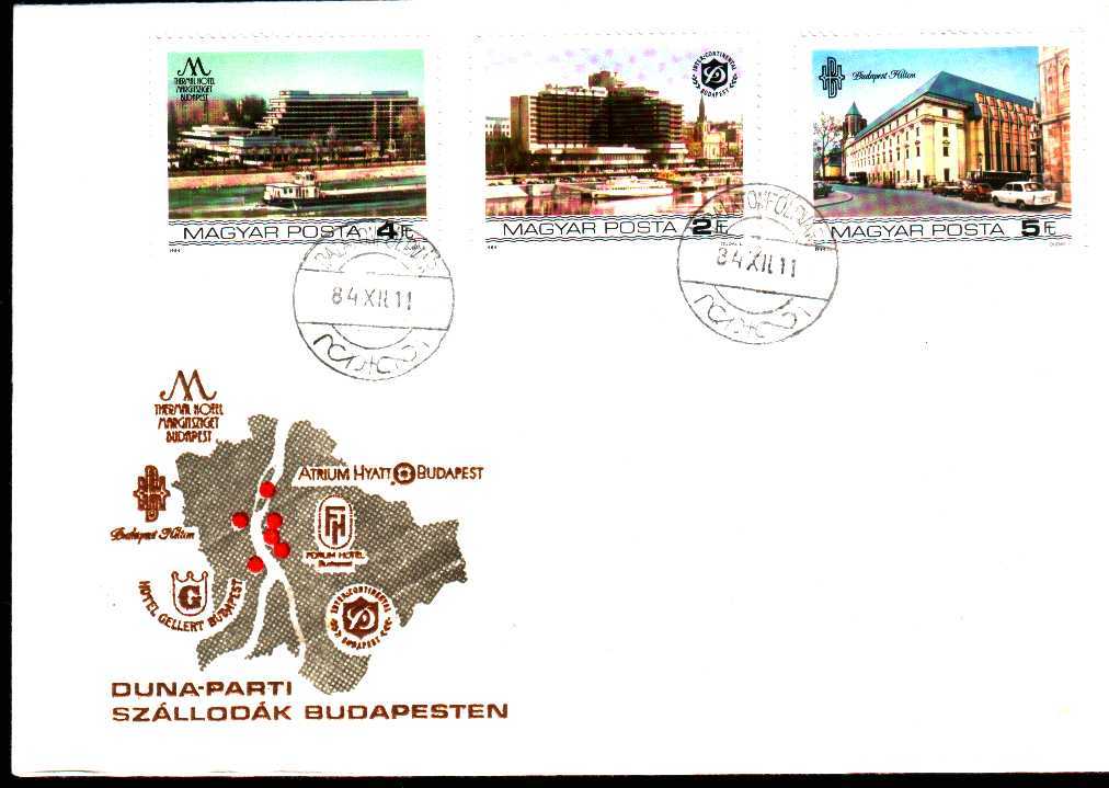 Hongrie 1984 Fdc Tourisme Budapest Grands Hôtels Hilton  Inter-Continental  Thermal Hôtel Margitsziget - Hôtellerie - Horeca
