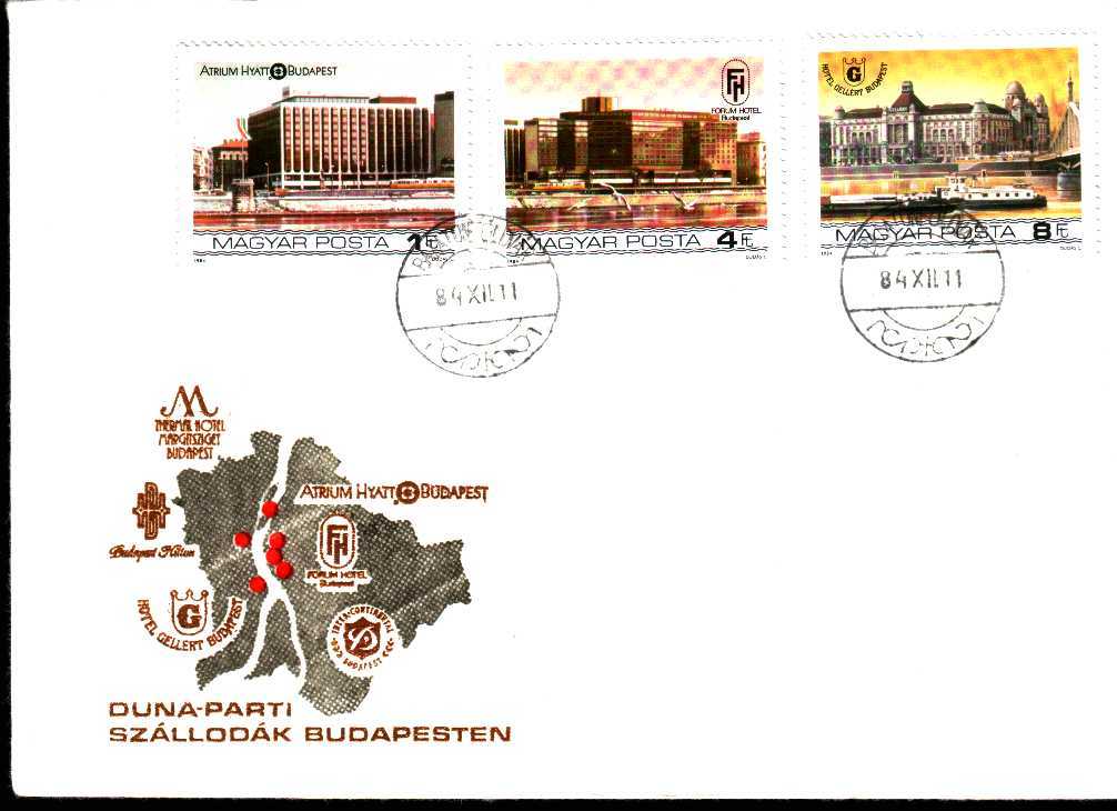 Hongrie 1984 Fdc Tourisme Budapest Grands Hôtels Atrium Hyatt  Forum Hôtel  Hôtel Gellert Pont Bridge - Hotels, Restaurants & Cafés