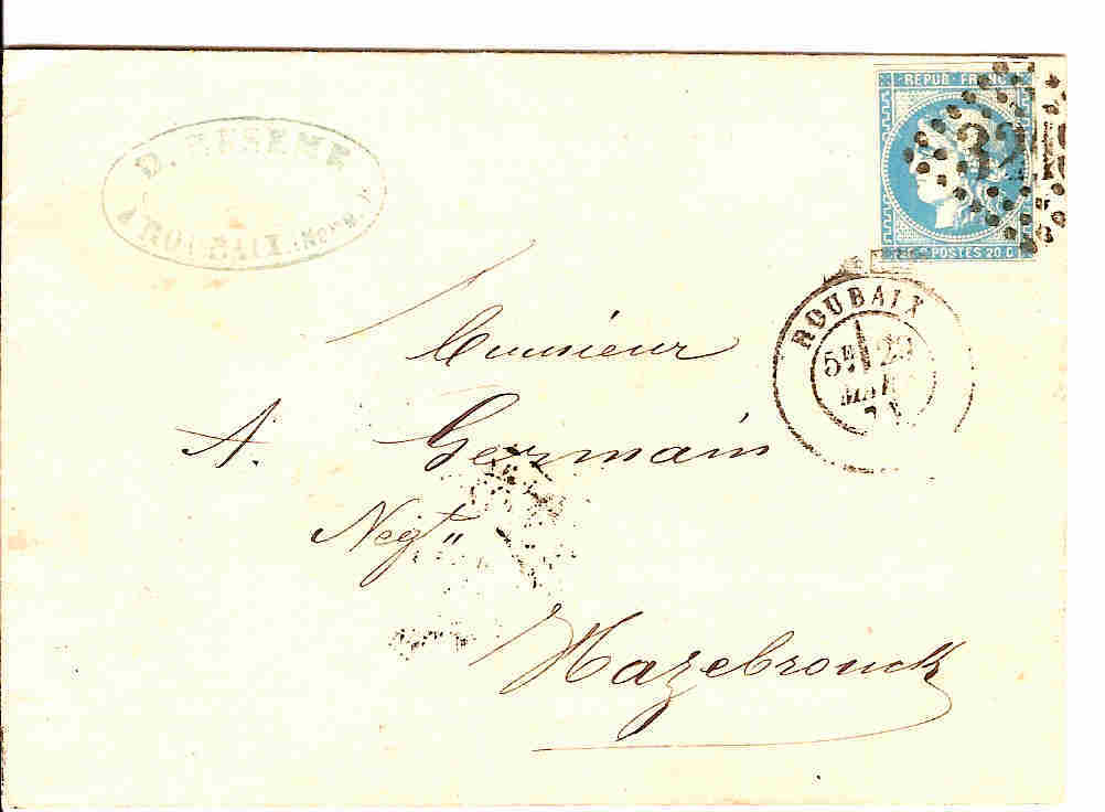 N° 45  Type II ? Ou N° 44 Bordeaux Sur Lettre Oblitéré Roubaix - 1849-1876: Période Classique