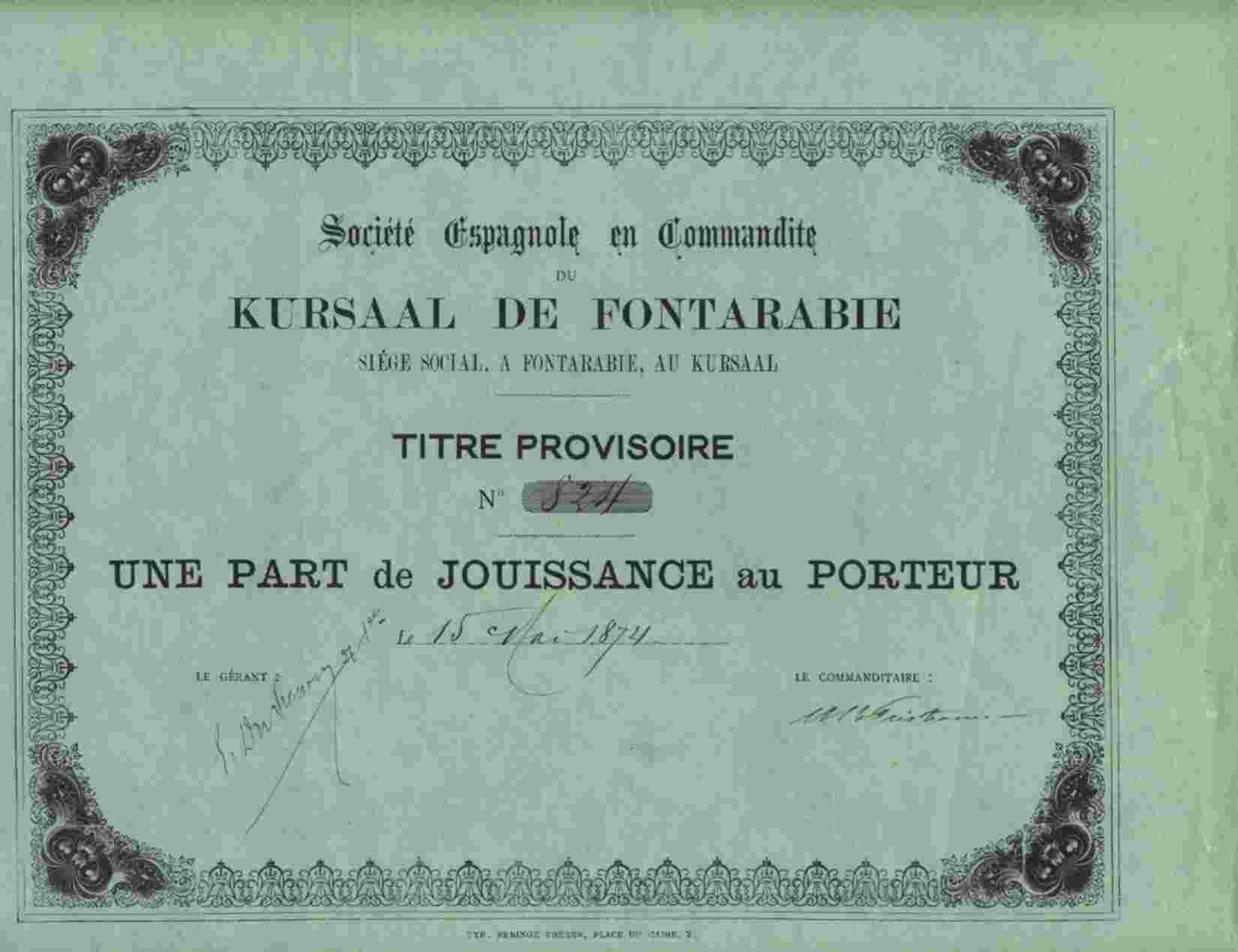 RARE :  STE ESPANOLE EN COMMANDITE DE KURSAAL DE FONTARABIE ( 1874 ) - Casinos
