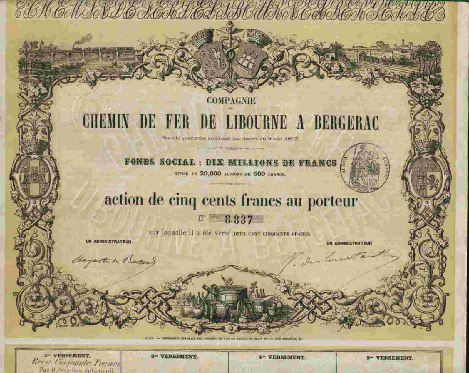 RARE  : CHEMIN DE FER DE LIBOURNE A BERGERAC  ( 1863 ) - Railway & Tramway