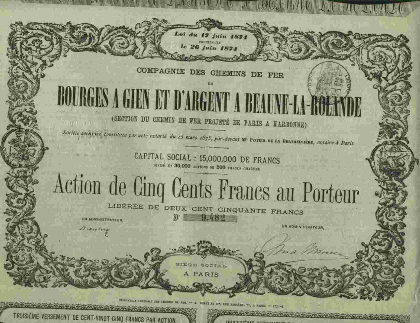 RARE : CHEMINS DE FER DE BOURGES A GIEN & D´ARGENT A BEAUME LA ROLANDE ( 1875 ) - Chemin De Fer & Tramway