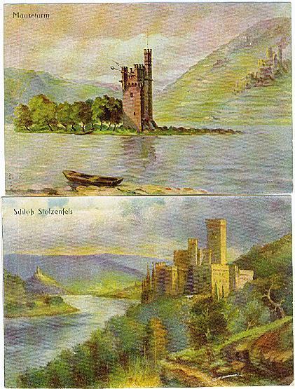 4 Schöne Illustrationen Des Tales Des Rheins : Bacharach, Ehrenfels, Schloss Stolzenfels Und Mäuseturm - Rhein-Hunsrück-Kreis