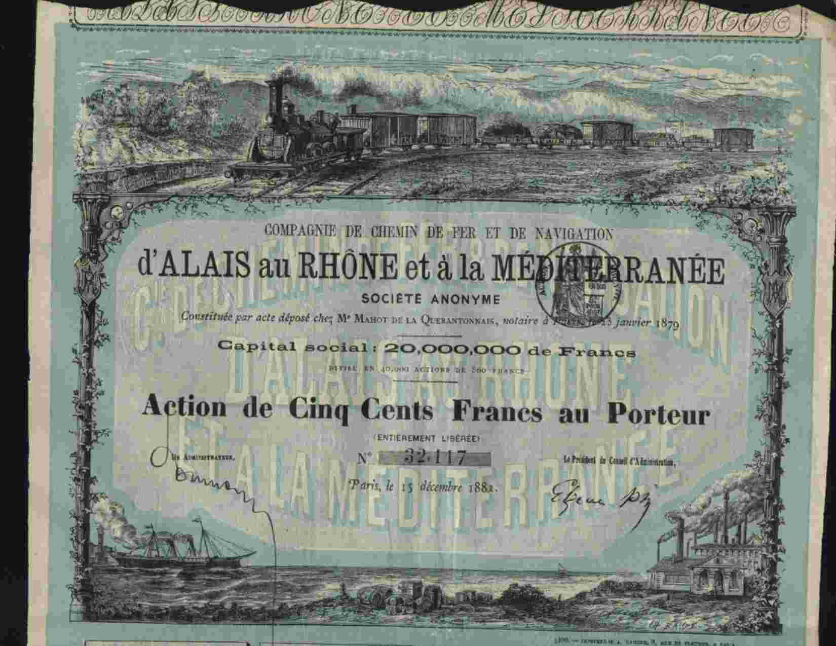 CHEMIN DE FER ET DE NAVIGATION D´ALAIS AU RHONE & A LA MEDITERRANEE  BLEU( 1881 ) - Spoorwegen En Trams