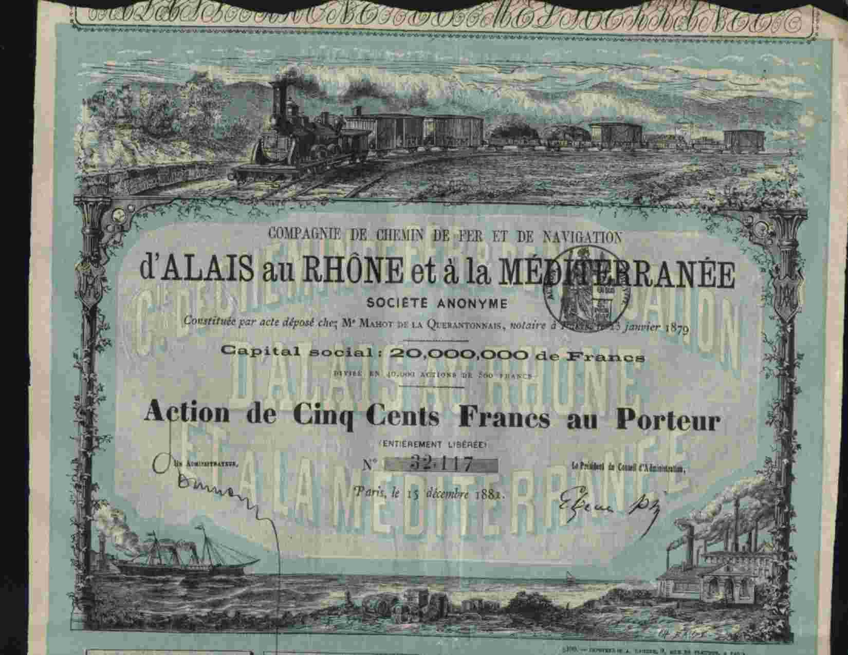 CHEMIN DE FER ET DE NAVIGATION D´ALAIS AU RHONE & A LA MEDITERRANEE  BLEU( 1881 ) - Chemin De Fer & Tramway