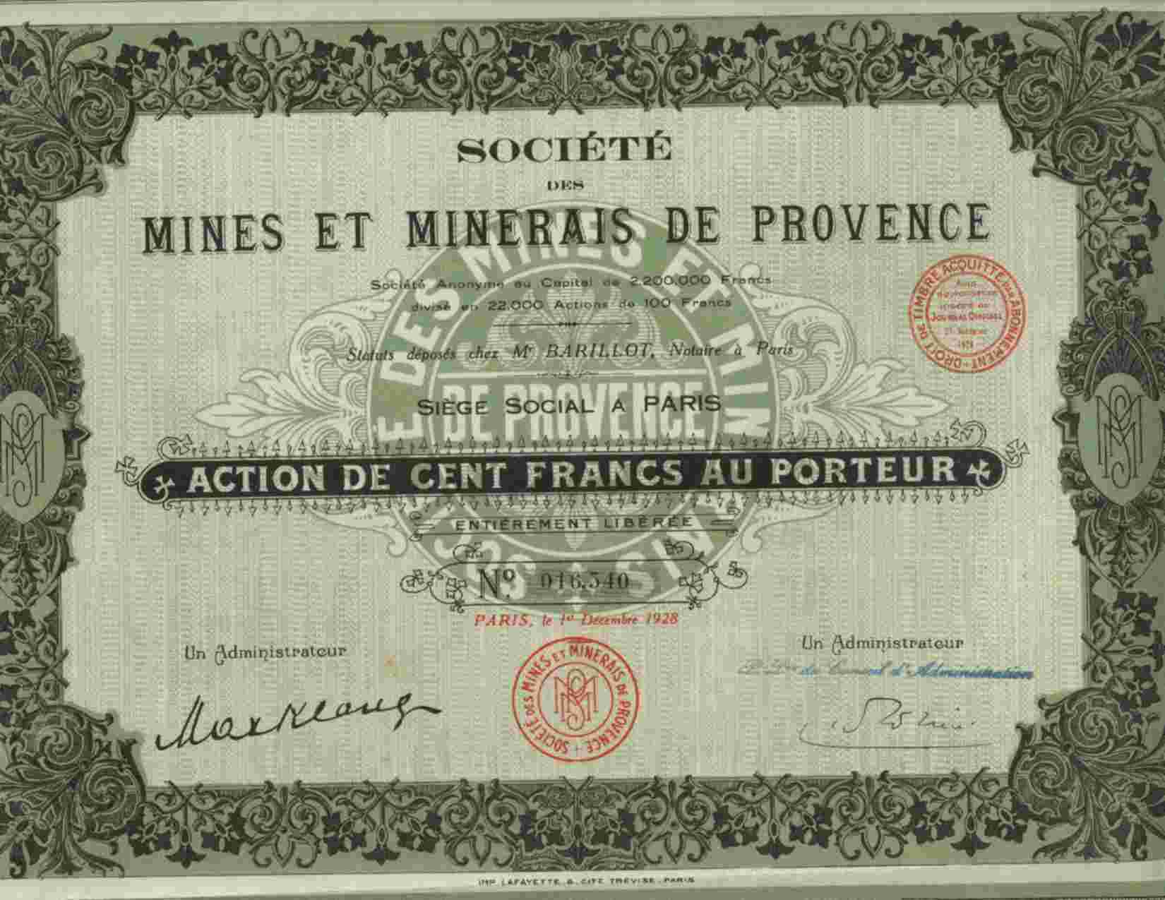 SOCIETE DES MINES ET MINERAIS DE PROVENCE - Bergbau