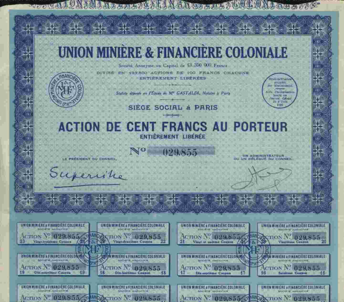 UNION MINIERE & FINANCIERE COLONIALE - Mines