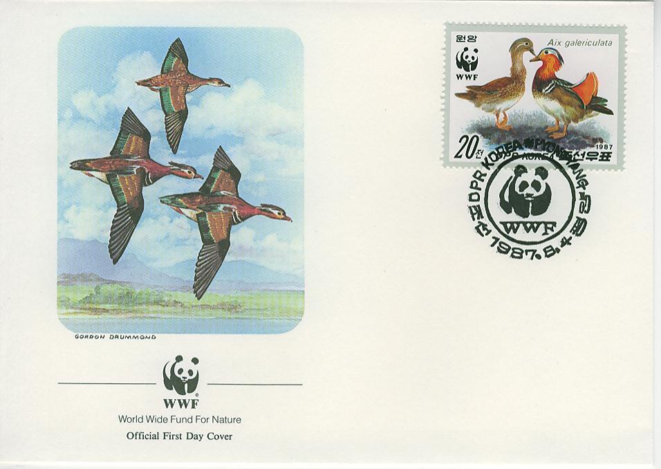 W0193 Canard Mandarin Aix Galericulata Corée Du Nord 1987 FDC Premier Jour WWF - Canards