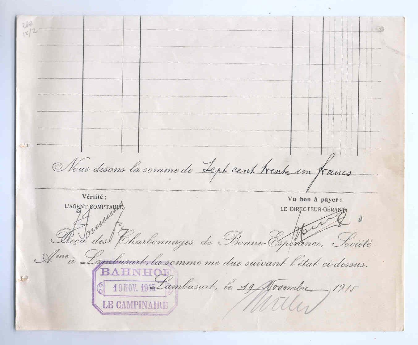 Lettre De Voiture Charbonnages LAMBUSART 1915 Vers Cachet Allemand Violet BAHNHOF LE CAMPINAIRE  --  RARE  --  3/277 - OC1/25 General Government