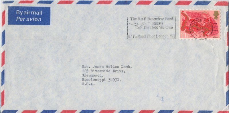 GB 1975 COVER To USA With 11p Xmas Nice 'RAF Benevolent Fund' Slogan [D1301] - Storia Postale