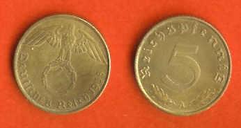 DEUTCHES REICH 1938-A Coin 5Pf Alu-bronze C145 - 5 Reichspfennig