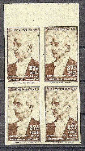 TURKEY, 27 1/2 KURUS - Ismet Inonu - IMPERFORATED BLOCK OF 4 - Unused Stamps