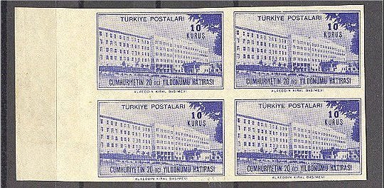 TURKEY, 10 KURUS 1943 - Cental Hospital - IMPERFORATED BLOCK OF 4, UNUSED NG (*) - Nuovi