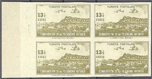 TURKEY, 13 1/2 KURUS Ankara And Planes 1943, IMPERFORATED BLOCK OF 4, UNUSED NG - Ungebraucht