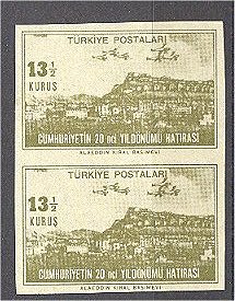 TURKEY, 13 1/2 KURUS - Ankara With Planes - IMPERFORATED PAIR, UNUSED NG (*) - Unused Stamps
