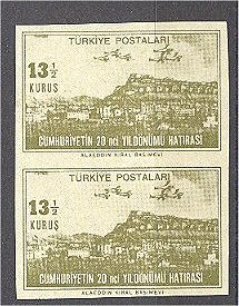 TURKEY, 13 1/2 KURUS - Ankara With Planes - IMPERFORATED PAIR, UNUSED NG (*) - Neufs