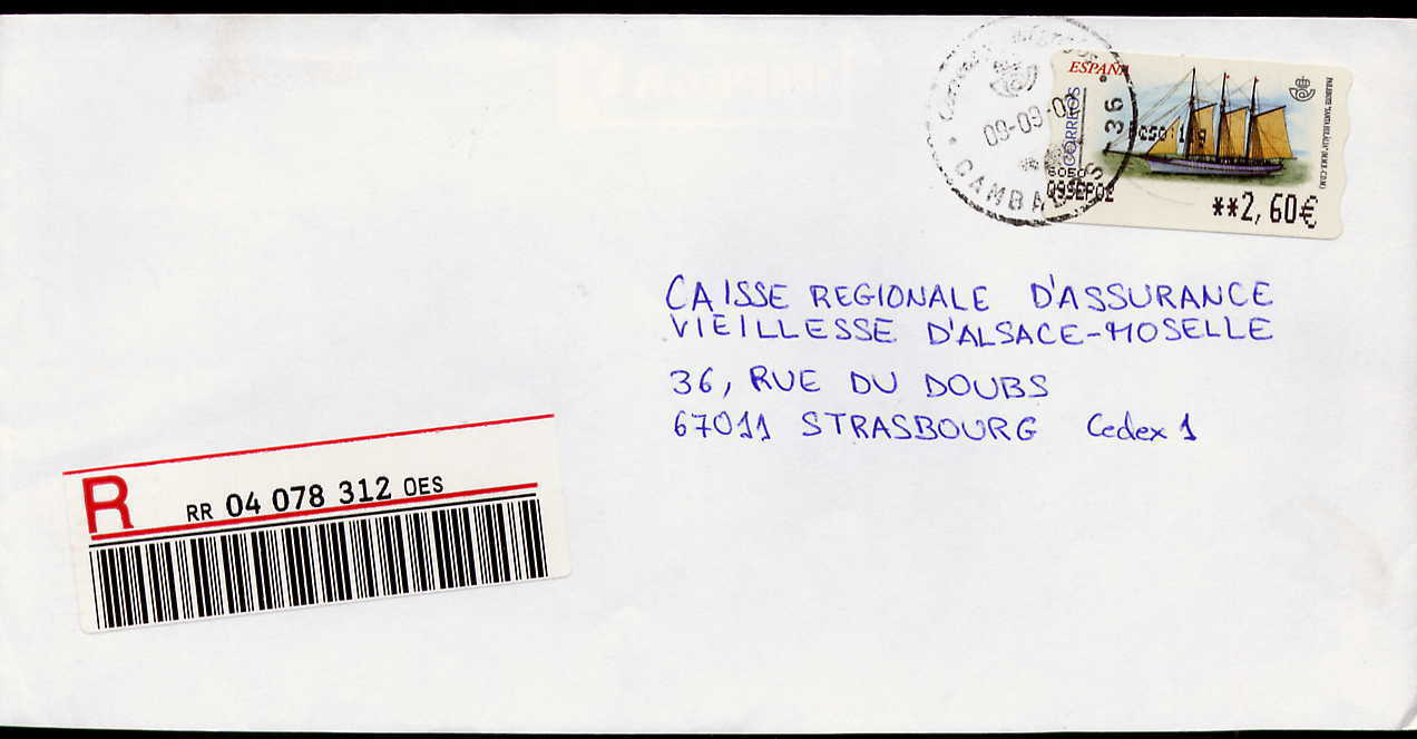 Espagne 2002 Lettre Recommandée Pour La France 1 Vignette Voilier (voir Scan) - Storia Postale