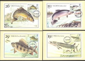 Great Britain: Set Of 4 PHQ 1983 River Fishes - Cartes PHQ
