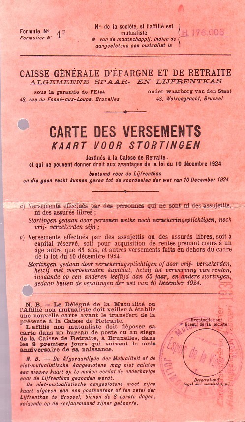 Carte Des Versements De La CGER (1930) - Unclassified