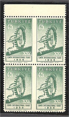 TURKEY, 45 KURUS IZMIR FAIR 1956, BLOCK OF 4 IMPERFORATED VERTICALLY - NEVER HINGED - Nuovi