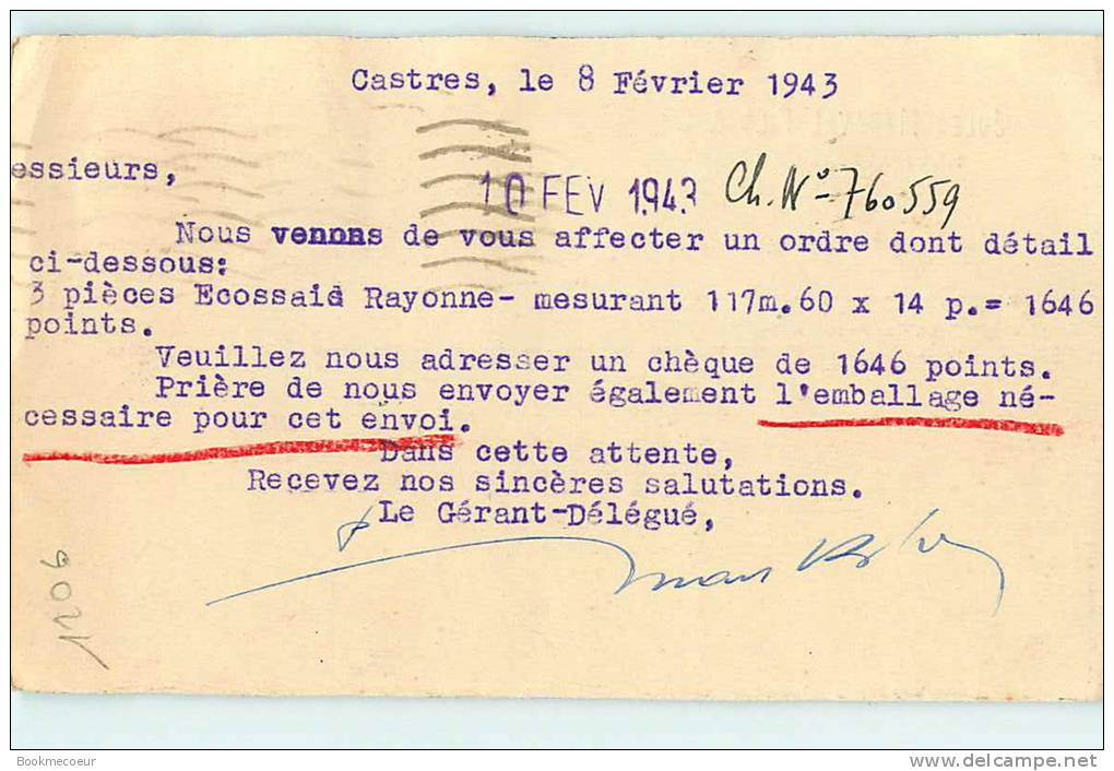 Jules Maraval Fils & Compagnie  Castres - Sur - L´Agout    N°1206 - 1941-42 Pétain