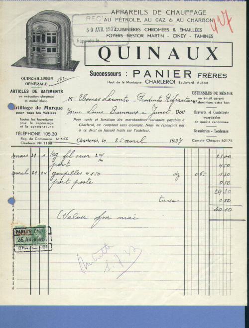 APPAREILS DE CHAUFFAGE AU PETROLE, AU GAZ & AU CHARBON   CHARLEROI  1937 (F 222) - Elektrizität & Gas