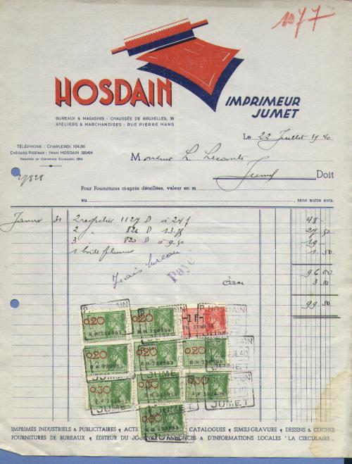 IMPRIMEUR  JUMET 1940  (F 255) - Imprimerie & Papeterie