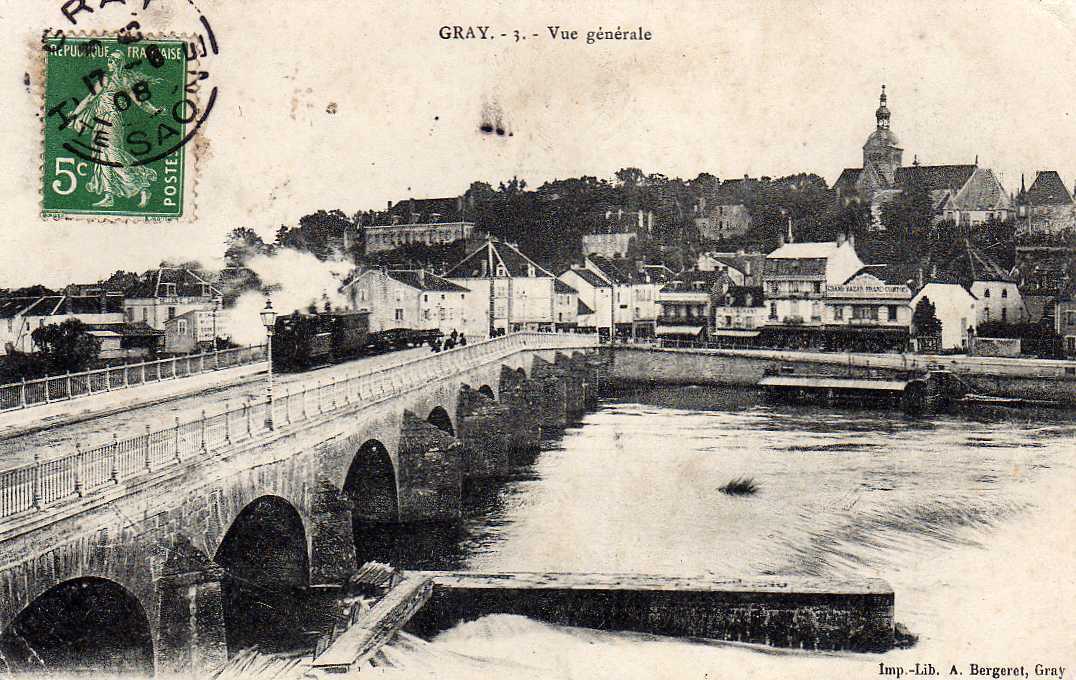 70 GRAY Vue Générale, Tramway Vapeur Sur Le Pont, Ed Bergeret 3, 1908 - Gray