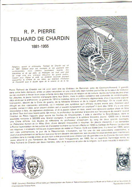 /DOCUMENT DE LA POSTE TIRAGE LIMITE /           R.P PIERRE TEILHARD DE CHARDIN 23/05/1981/ 63 ORCINES - Documents Of Postal Services