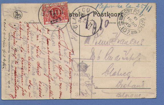 Kaart Verzonden Van ARMY POST OFFICE / S107 Op 16/11/19 + TX 13A Met Naamstempel TUBIZE, Gebruikt Te CLABECQ !!!!!!!!!!! - Storia Postale