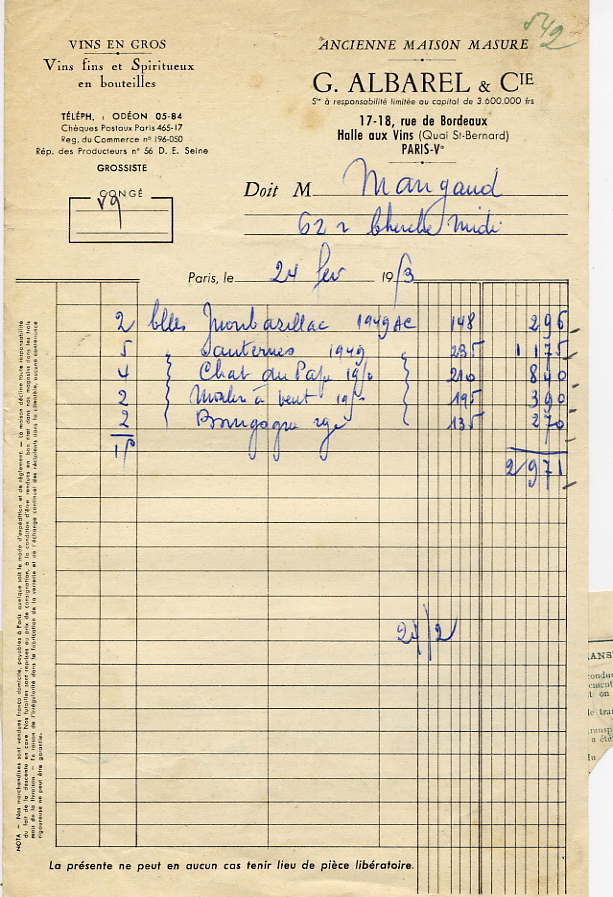 Facture-Congé--1953--Vins G.Albarel & Cie--Paris 5ème--Ancienne Maison Masure ------------------------------------------ - Factures