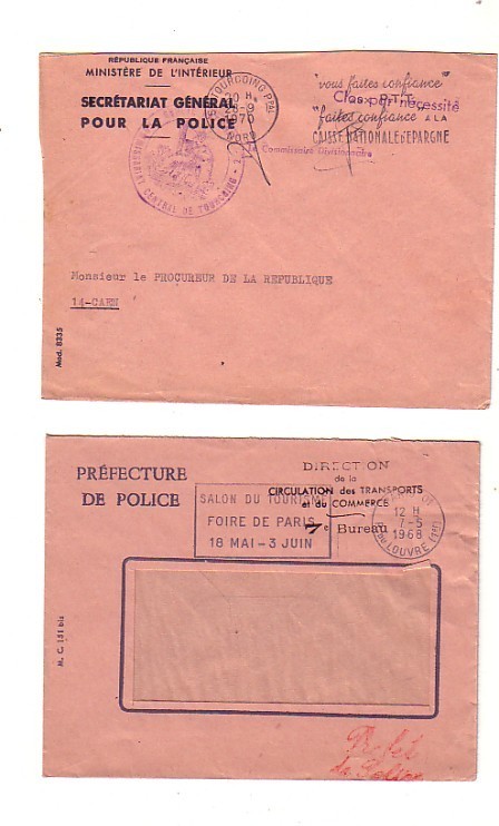 2 LETTRES FRANCHISE POSTAL Civile  CACHET DIFFERENTS  PREFECTURE SECRETARIAT POLICE AVEC FLAMME Pour Caen - Civil Frank Covers