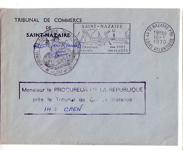 LETTRES EN FRANCHISE POSTALE CACHET TRIBUNAL DE COMMERCE/ FLAMME St Nazaire Pouur Procureur Caen - Burgerlijke Brieven Zonder Portkosten