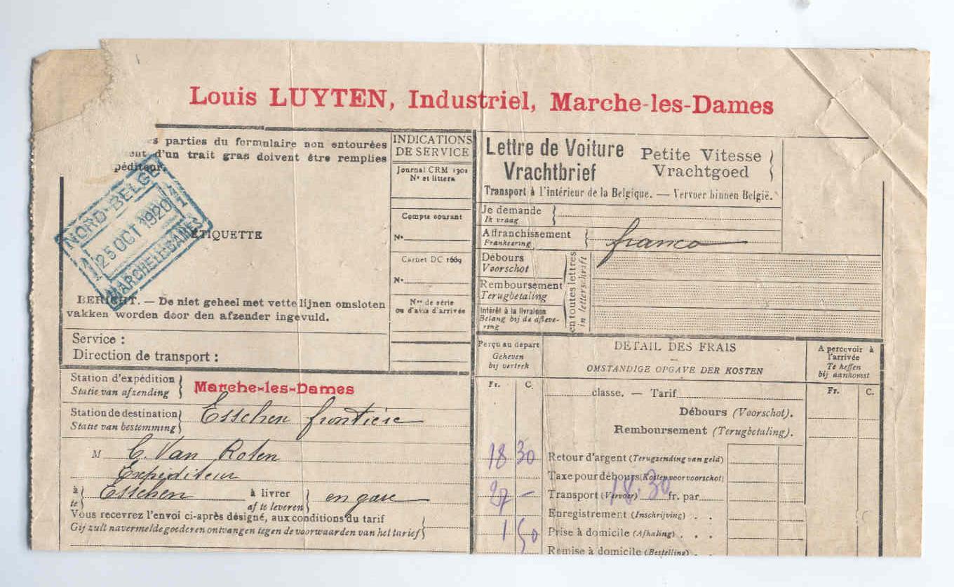 908/27 -- Lettre De Voiture Chemins De Fer NORD BELGE MARCHE LES DAMES 1 En Bleu 1920 - Expéditeur LUYTEN,Industriel - Nord Belge