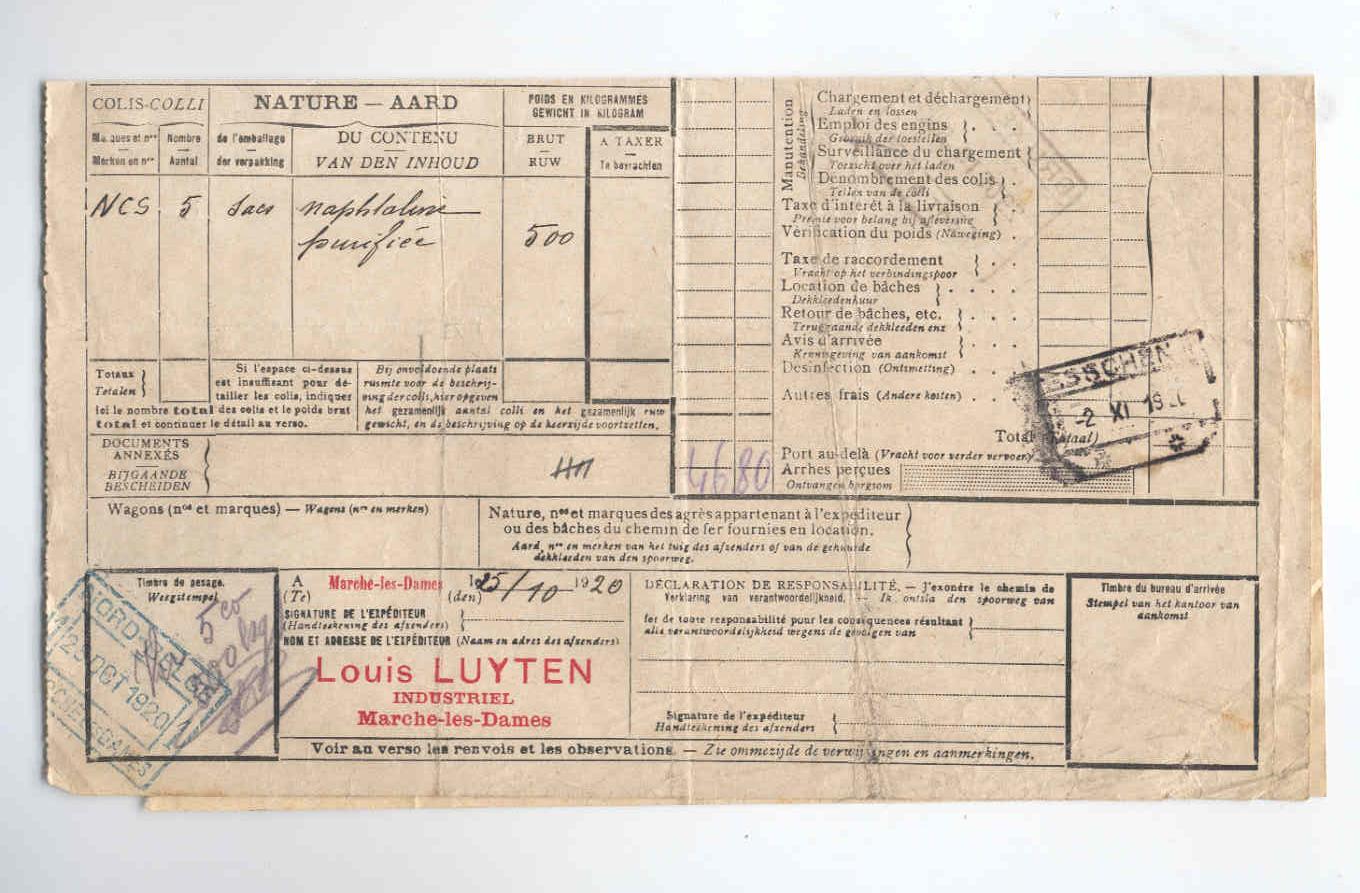 908/27 -- Lettre De Voiture Chemins De Fer NORD BELGE MARCHE LES DAMES 1 En Bleu 1920 - Expéditeur LUYTEN,Industriel - Nord Belge