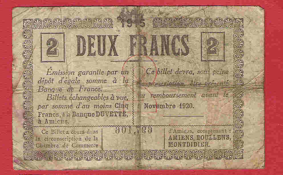 Chambre Commerce D ' AMIENS 1915 De  DEUX FRANCS N ° 697,106 - Camera Di Commercio