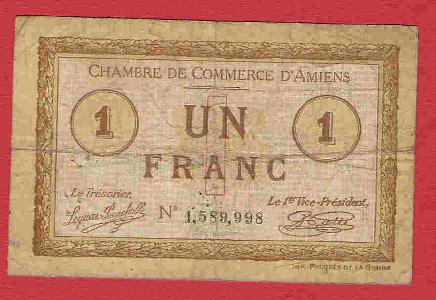 Chambre Commerce D ' AMIENS 1915 De  UN FRANC N ° 1,589,998 - Chambre De Commerce