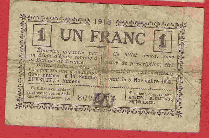 Chambre Commerce D ' AMIENS 1915 De  UN FRANC N ° 1,589,998 - Camera Di Commercio