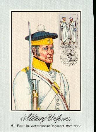 CISKEI   CARTE MAXIMUM NUM.YVERT 47 UNIFORME MILITAIRE REGIMENT 0 PIED WARWICKSHIRE - Ciskei