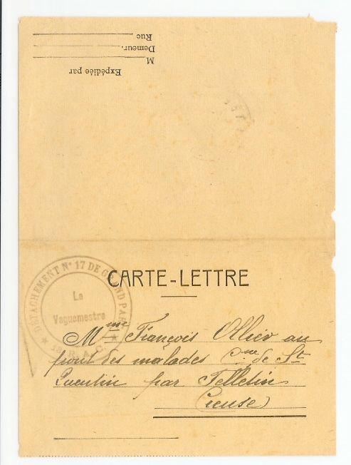 Carte Lettre: Détachement N° 17 De Grand Parc, 18 R.A.C., St Quentin, Felletin (05-4951) - Documents