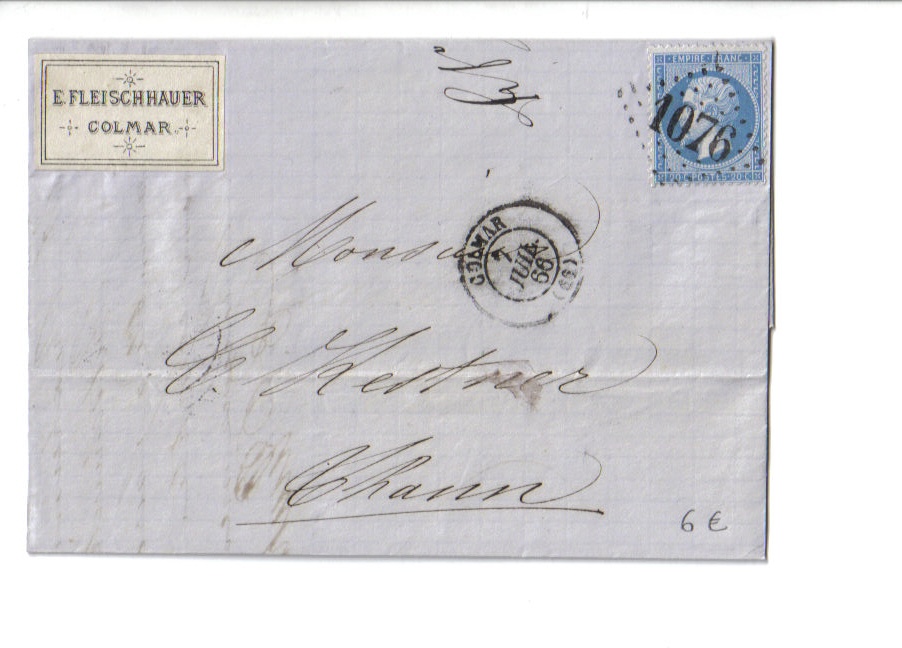 Lettre De Colmar Pour Thann - Oblitération Grands Chiffres 1076 - 1868 - Autres & Non Classés