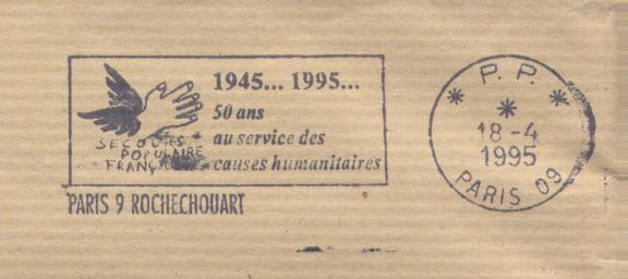 Flamme PARIS, 50 Ans Secours Populaire Français, 1995, PORT PAYE ! - Against Starve