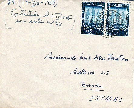 Carta 1956 AVERBODE (Belgica) A Barcelona - Covers & Documents